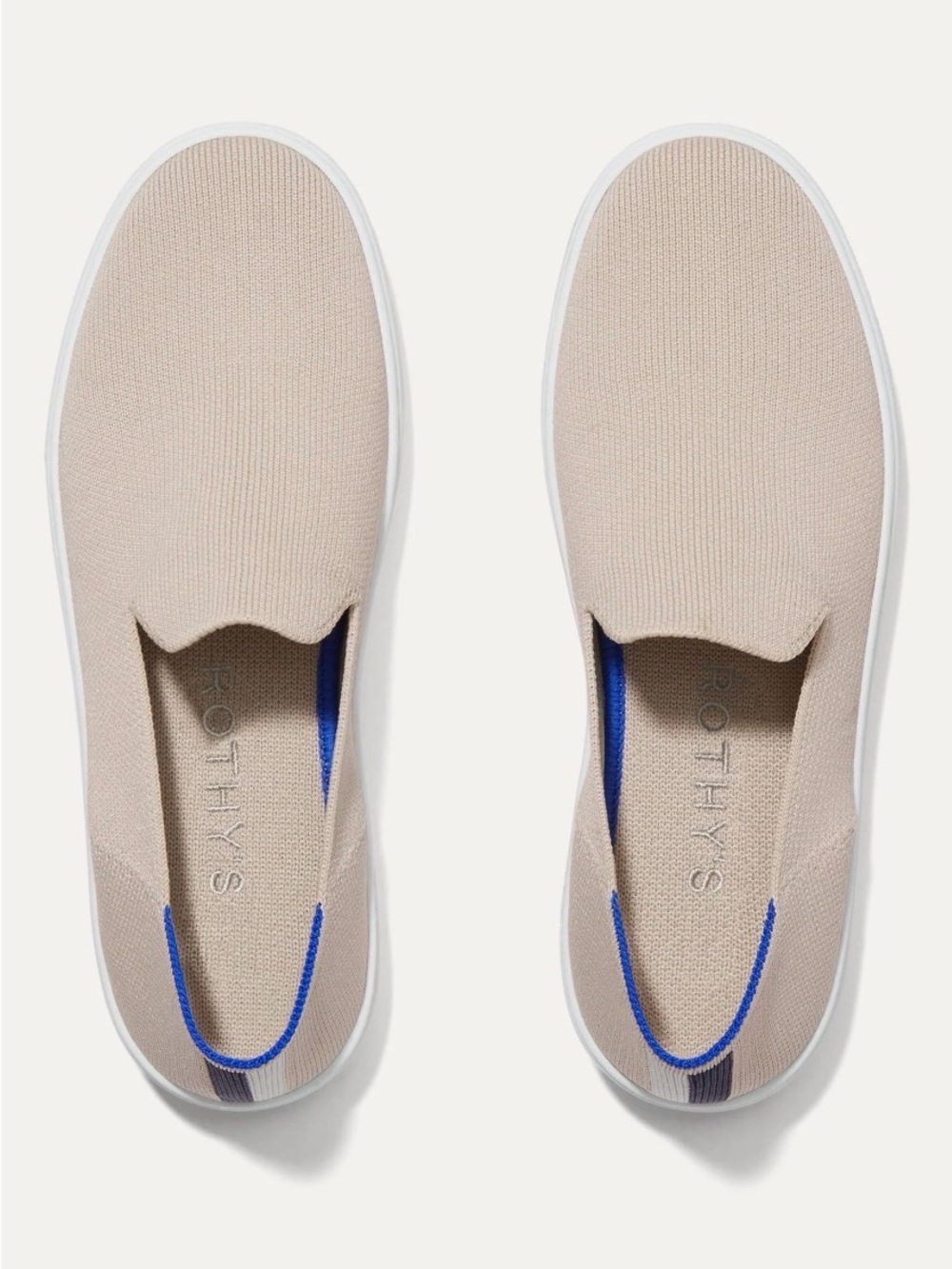 Rothy's Beige Knit Slip-On Loafers with Blue Accents